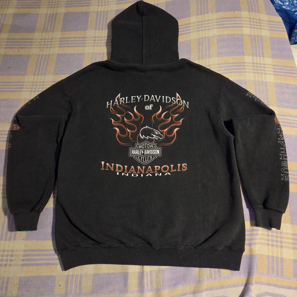 Vintage Harley Davidson 90s Y2k 2000s Faded Black Sl3eeve Hit Zip Up Hoodie Fire